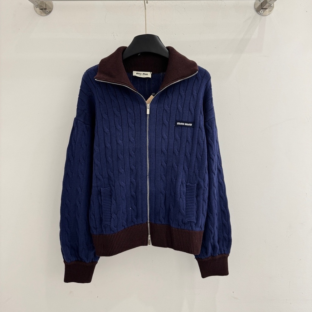 Miu Miu Blue and Brown Cable Knit Cardigan